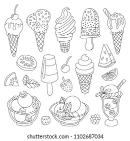 A set of cute vector hand drawn cartoon of ice cream. Cones and ice cream with different flavors made in doodle style.