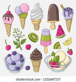 A set of cute vector hand drawn cartoon of ice cream. Cones and ice cream with different flavors made in doodle style.