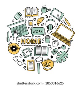 Set of cute vector hand drawn doodle elements. Work from home concept, distance learning, coronavirus epidemic prevention. Objects isolated on white background