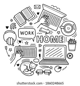 Set of cute vector hand drawn doodle elements. Work from home concept, distance learning, coronavirus epidemic prevention. Objects isolated on white background