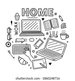 Set of cute vector hand drawn doodle elements. Work from home concept, distance learning, coronavirus epidemic prevention. Objects isolated on white background