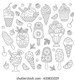 A set of cute vector hand drawn cartoon of ice cream. Cones and ice cream with different flavors made in doodle style.