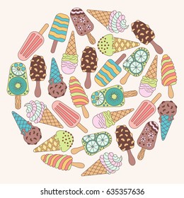A set of cute vector hand drawn cartoon of ice cream. Cones and ice cream with different flavors made in doodle style.