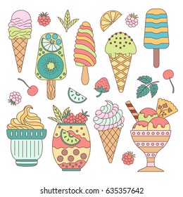 A set of cute vector hand drawn cartoon of ice cream. Cones and ice cream with different flavors made in doodle style.