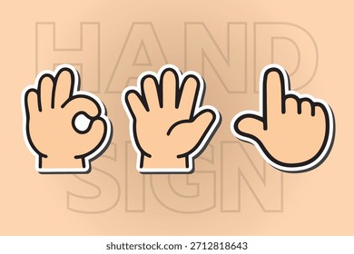 Un conjunto de lindos íconos de gestos de mano de Vector con OK, palma abierta y signos señaladores. Estilo de dibujos animados simple, contornos audaces y diseño de pegatina perfecto para UI, mensajería e ilustraciones digitales.