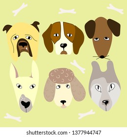 Set of cute vector heads of dogs on the yellow background. Funny cartoon dogs print design for poster or t-shirt.
