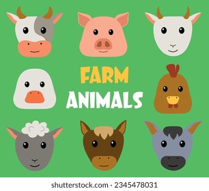 Set of cute vector heads of farm animals (cow, pig, goat, goose, duck, hen, sheep, horse, donkey) isolated on a green background