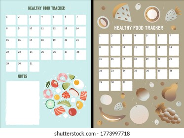 Set of cute vector healthy food trackers with month grid and place for notes. A tracker with fruits. Nice vector flat illustration in cartoon style. Healthy food planner to develop useful habits.