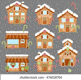 Set of Cute Vector Holiday Gingerbread Houses, Shops and Other Buildings with Snow