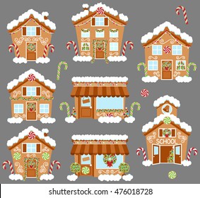 Set of Cute Vector Holiday Gingerbread Houses, Shops and Other Buildings with Snow