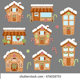 Set of Cute Vector Holiday Gingerbread Houses, Shops and Other Buildings with Snow