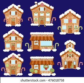 Set of Cute Vector Holiday Gingerbread Houses, Shops and Other Buildings with Snow