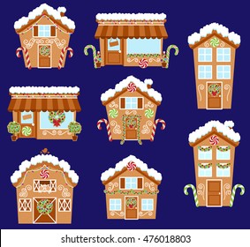 Set of Cute Vector Holiday Gingerbread Houses, Shops and Other Buildings with Snow