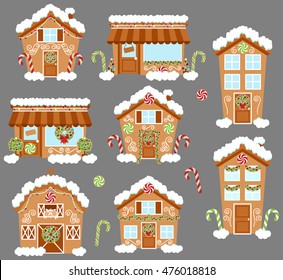 Set of Cute Vector Holiday Gingerbread Houses, Shops and Other Buildings with Snow