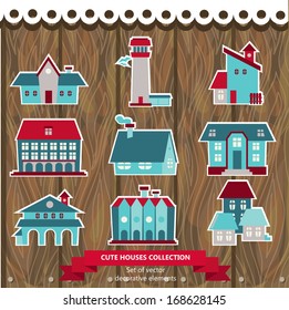 set of cute vector houses on wood texture