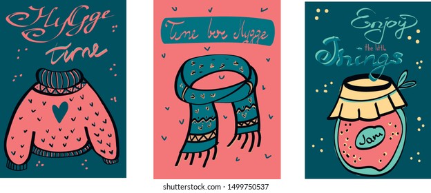 set cute vector of hygge cards and posters. Cute illustration autumn and winter hygge elements. Isolated. Motivational typography of hygge quotes. Scandinavian style