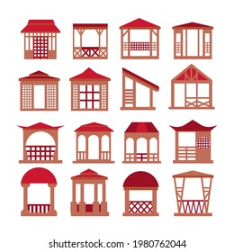 Set of cute vector icons of gazebos, pergolas, rotundas in a flat style. Colored brown red icons of Japanese and Chinese gazebos. Asian style in garden architecture. For construction, landscape design