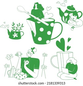 set of cute vector icons illustrations. Good for design and development of print and web medias. Girl, tea pot, tea spoon, cat, hearts, flowers can be beautiful and modern part of decoration. 