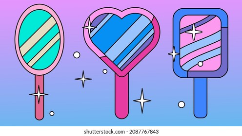 Set of cute vector icons of mirrors in pastel colors.