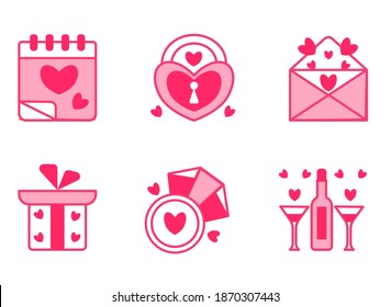 set of cute vector icons for Valentine's day. Valentine's mail.calendar, lock, ring, gift, ribbon, bow, glasses, bottle. Isolated on a white background. elements for greeting cards, posters, stickers