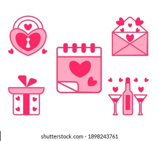 set of cute vector icons for Valentine's day. Valentine's mail, calendar, lock, gift, ribbon, bow, glasses, bottle. Isolated on a white background. elements for greeting cards, posters, stickers