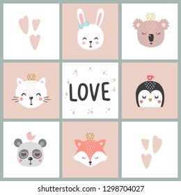 Set of cute vector illustration with animal baby for baby wear and invitation card.
