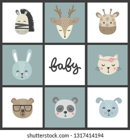 Set of cute vector illustration with animal baby for baby wear and invitation card.