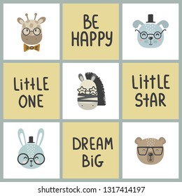 Set of cute vector illustration with animal baby for baby wear and invitation card.