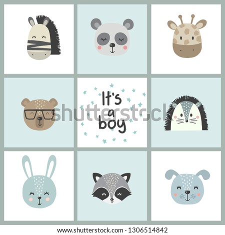 Set of cute vector illustration with animal baby for baby wear and invitation card.