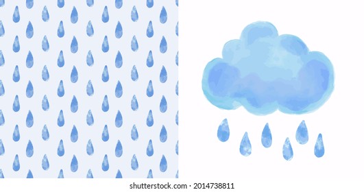 Set of cute vector illustration with blue watercolor cloud and seamless pattern background with gradient textured raindrops. Children T shirt print, textile, invitation design, nursery