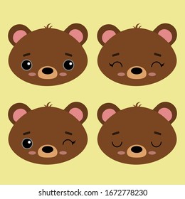 Set of cute vector illustration of a brown bear. Emotional animals isolated on a light yellow background. Design for children, poster, print on fabric, greeting card.