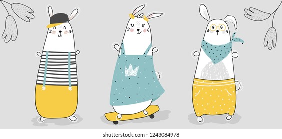 Set of cute vector illustration of cartoon funny rabbits wearing in casual, spring summertime. Set of graphic elements for kids. Childish hand-drawn bunny. Greeting card, invitation, fabric, poster.