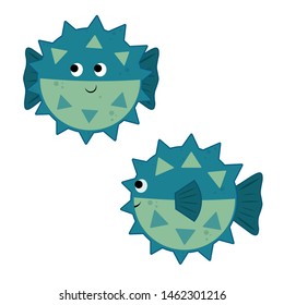 set cute vector illustration cartoon fish Fugu. blue globefish isolated on white background
