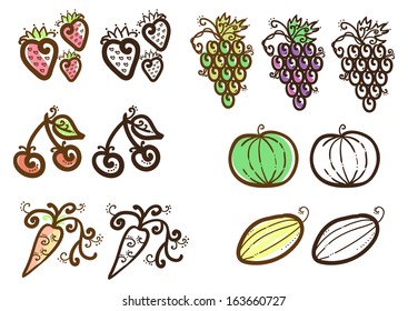 set of cute vector illustration of fruits and berries