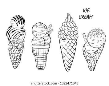 Set of cute vector illustration ice cream. Sketching hand drawn style.  