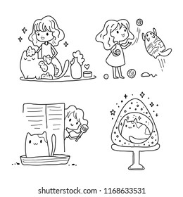 Set Cute vector illustration. Kawaii Anime cat  and girl