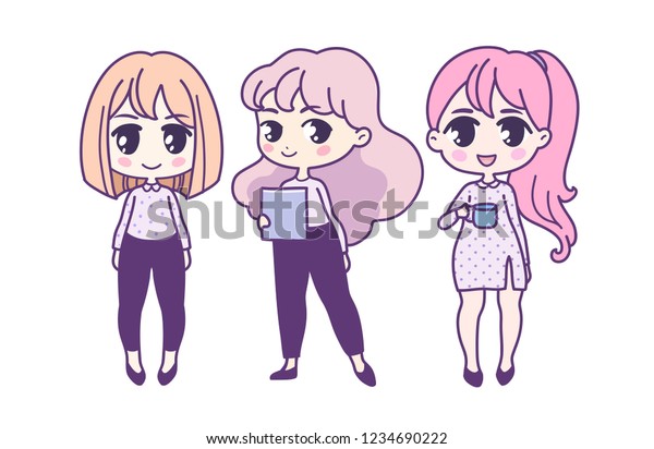 set cute vector illustration kawaii anime stock vector