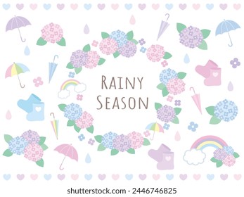 A set of cute vector illustration materials such as hydrangeas for the rainy season. June, rain, umbrella, boots, flowers