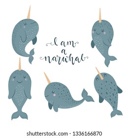 Set of cute vector illustration with narwhal baby for baby wear and invitation card.