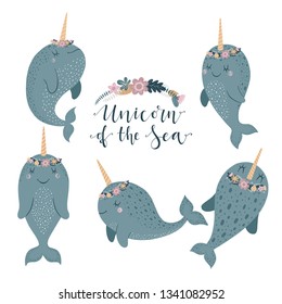 Set of cute vector illustration with narwhal baby for baby wear and invitation card.