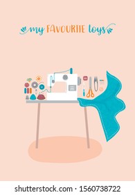 Set of cute vector illustration of sewing machine, sewing equipment, tools on a table for card, poster, flyer, cover, banner and other use. Trendy flat style.