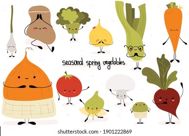 Set of cute vector illustration of vegetable characters: onion, carrot, tomato, broccoli, garlic, potato, pumpkin, celery, beet, spenat, mushroom champignon, peas isolated on white background.