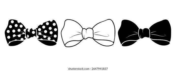 Set of cute vector illustrations of black and white bow tie polka dot bows isolated on white background