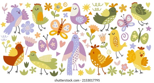 Conjunto de adorables ilustraciones vectoriales de mariposas, pájaros, diferentes elementos decorativos.