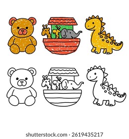 set of cute vector illustrations child game theme suitable coloring pages, kid content