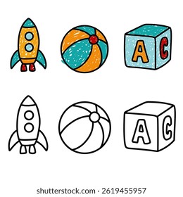 set of cute vector illustrations child game theme suitable coloring pages, kid content