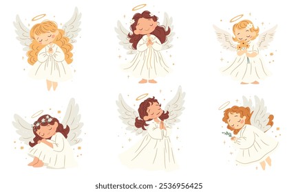 A set of cute vector illustrations in children's style. Cute angels on white background with wings