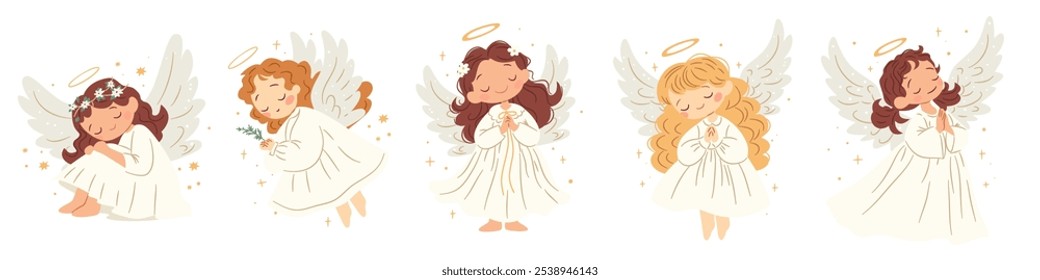 A set of cute vector illustrations in children's style. Cute angels on white background with wings