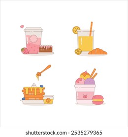 Conjunto de Ilustraciones vectoriales con postres y bebidas: café con pastel de fresa, zumo de naranja con croissant, panqueques con miel, helado con macarrones. Ideal para menús de cafetería, publicidad 