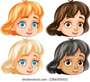 A set of cute vector illustrations featuring four girls with short hair, all smiling